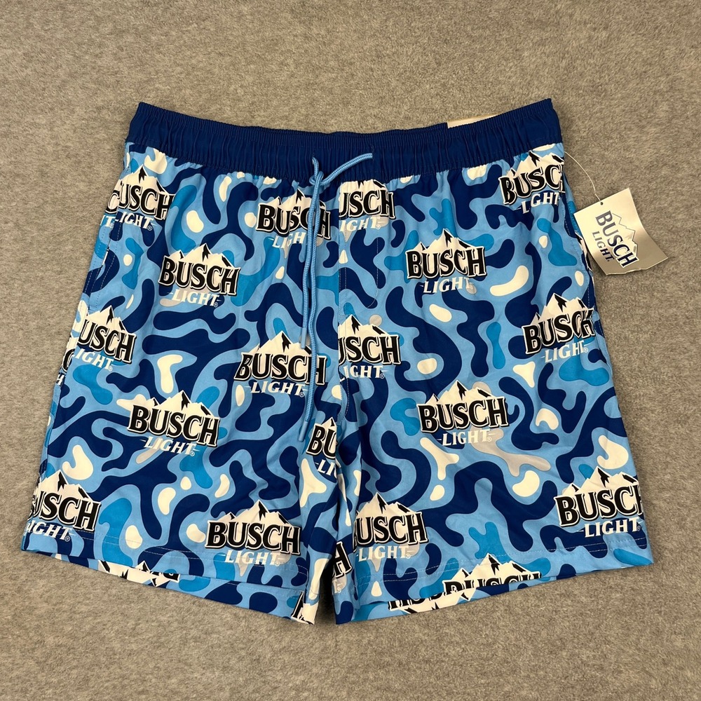 NWT Busch Light Board Shorts Mens L Blue Busch Light Camo Swim Trunks Logo Print